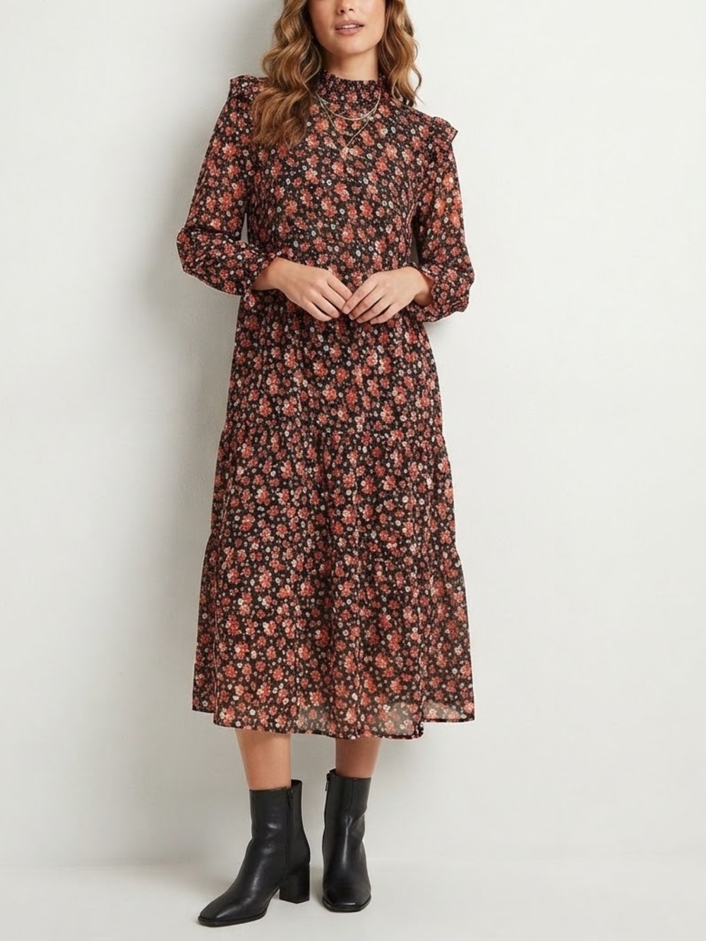 NWT Zara Floral Smocked High Neck Tiered Maxi Dress Red Black❤️
